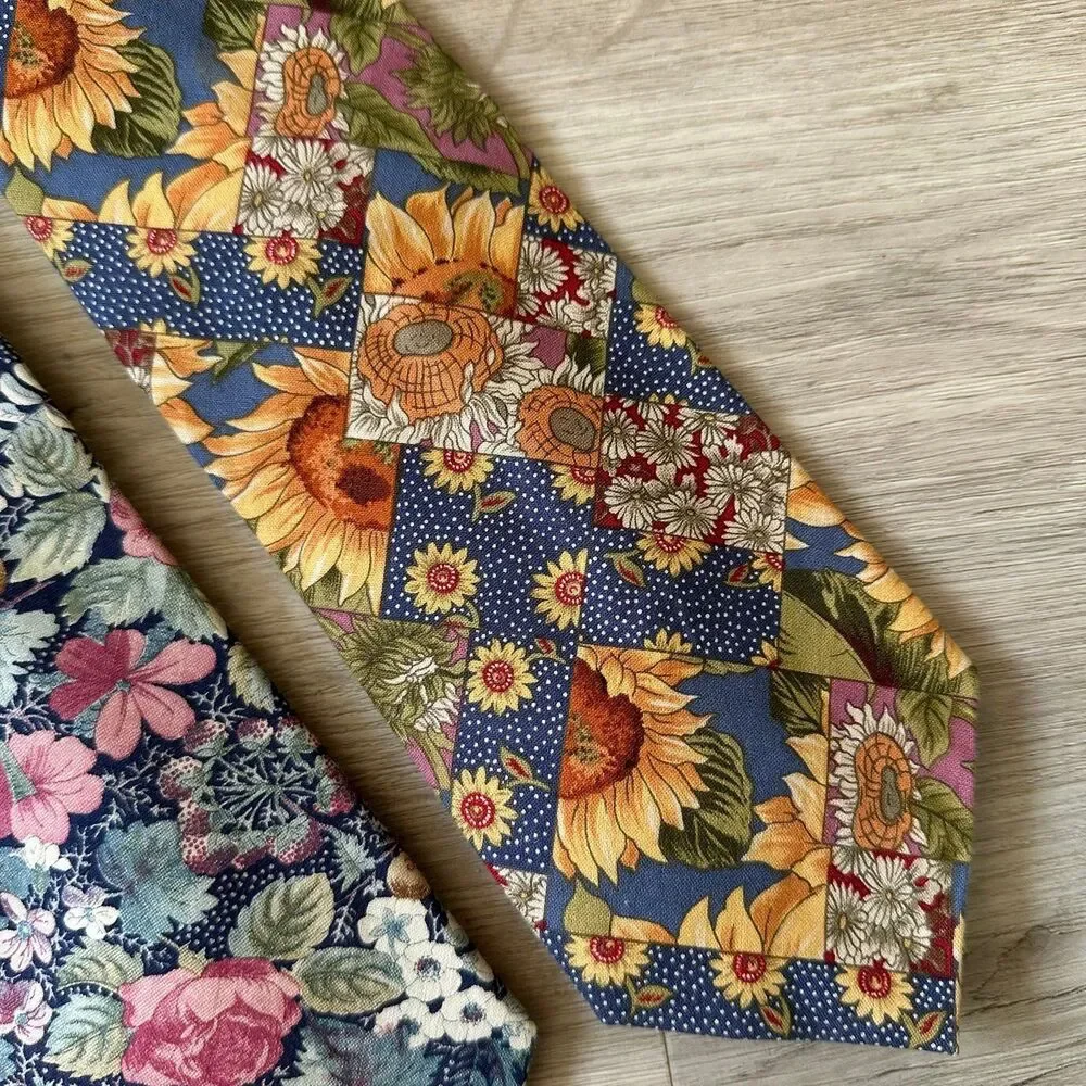 Vintage Y2K Tango Max Raab Woven Cotton Floral Print Ties (2) Made in USA